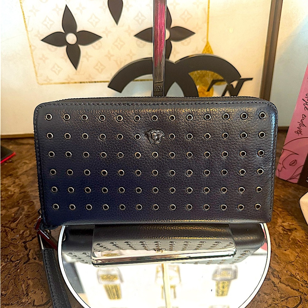 Versace black leather wallet wristlet